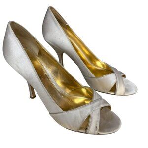 ENZO ANGIOLINI - Silver Satin Open Toe Heels - Size 10M - Leather Soles